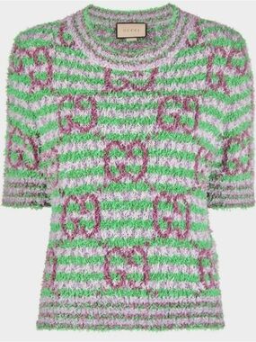 Gucci GG Knit Top, Mint Green, Light Pink & Lilac Stripe Logo Sweater Top